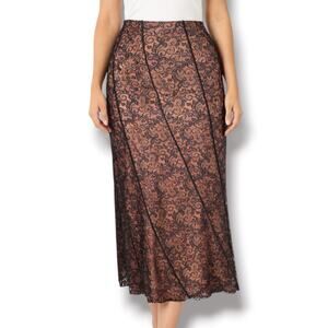 Ann Ferriday Lace Midi Skirt Brown Black Sheer Overlay High Waist 90s Whimsygoth